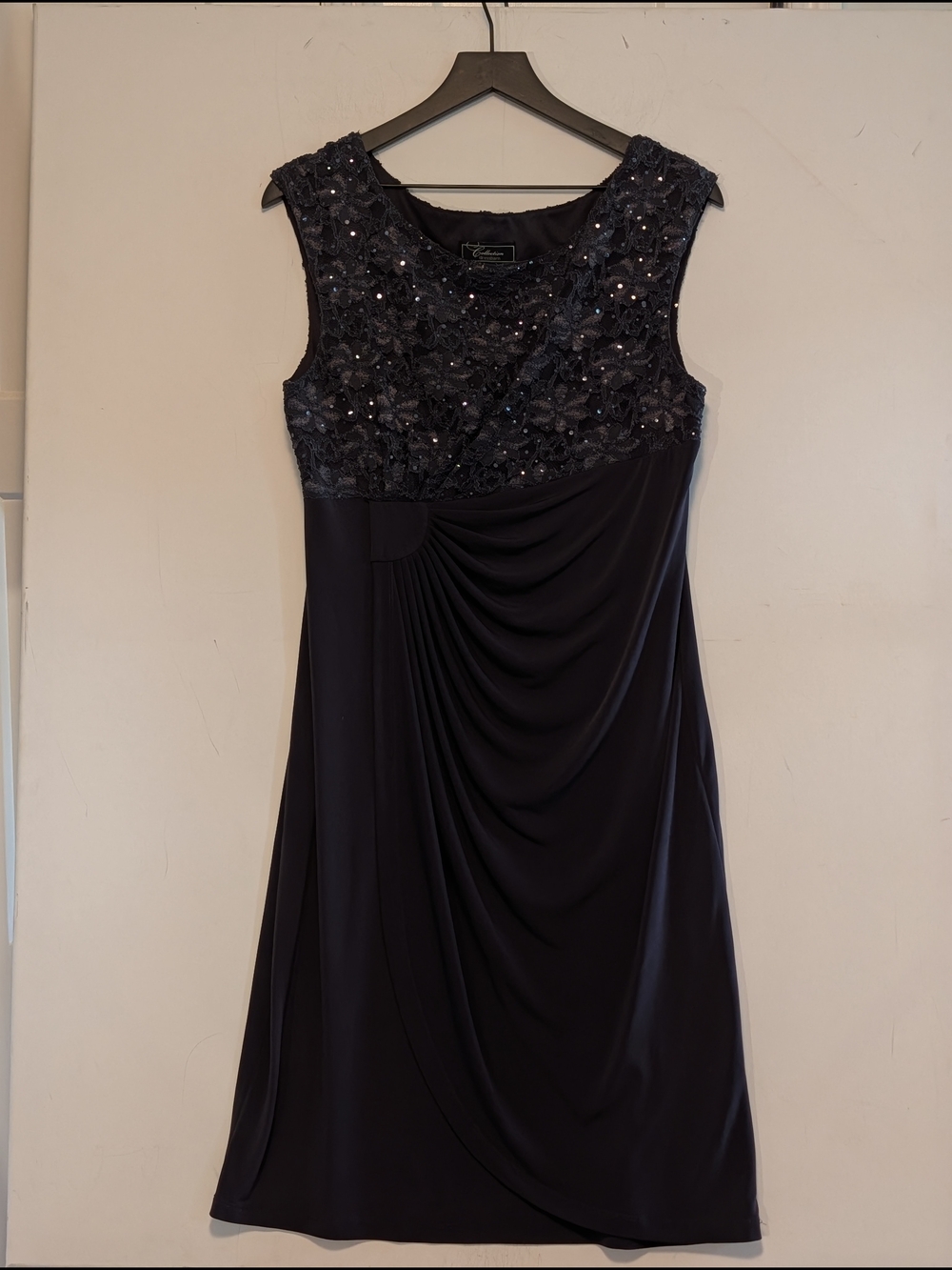 Dressbarn Collection 16 Charcoal Sequin Lace Draped Cocktail Dress Semi Formal